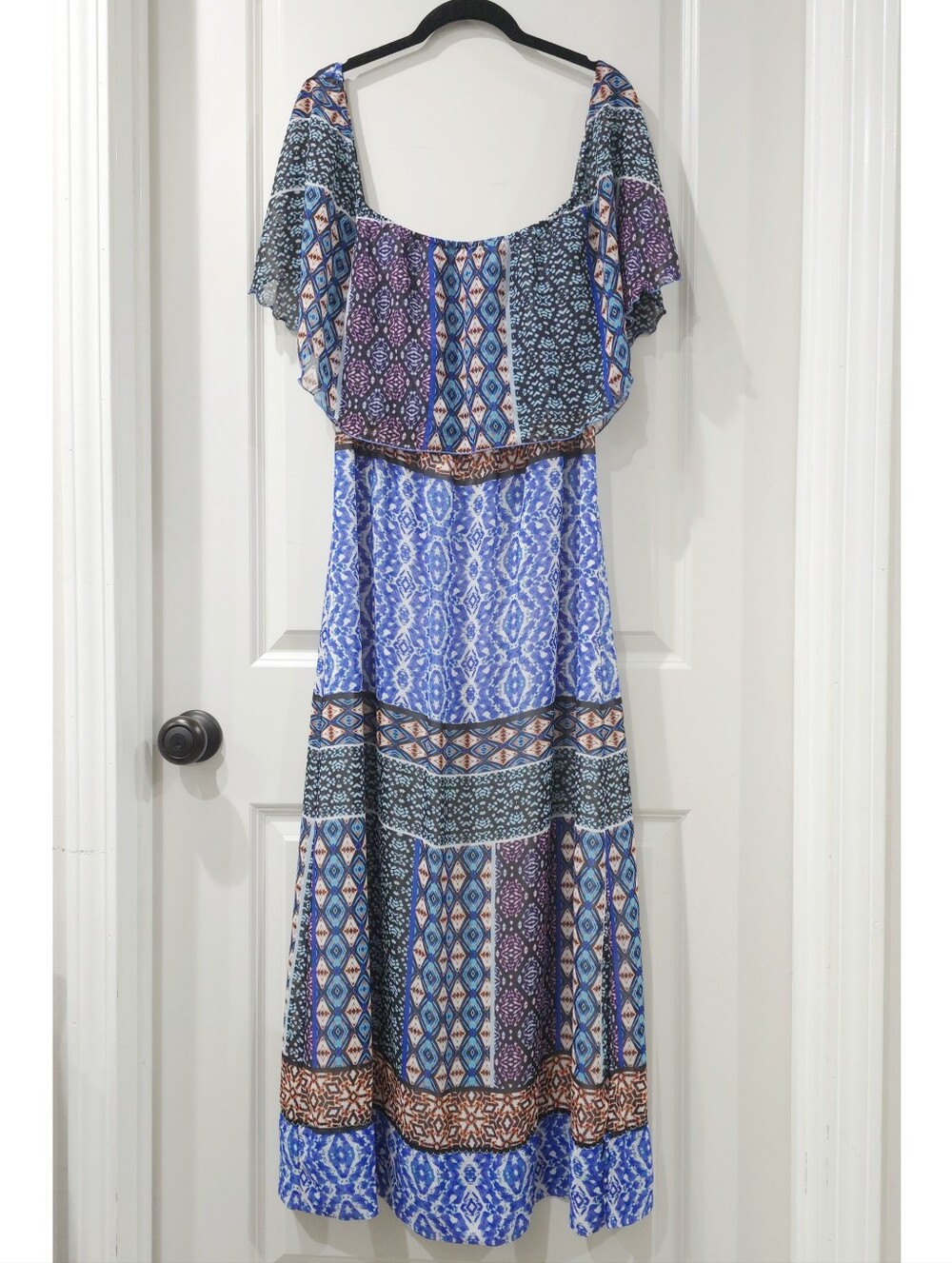 CHICOS Boho Off-Shoulder Patchwork Geometric Print Maxi Dress, Size 1, Medium - Picture 3 of 14